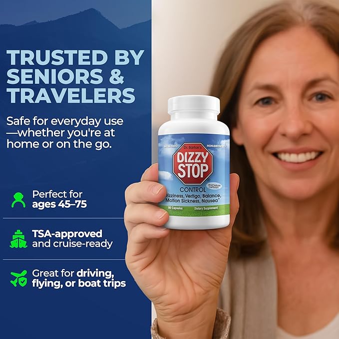 Vertigo Relief Product & Non‑Drowsy Motion Sickness Pills: Nausea and Dizziness, Ginger & Grape Seed Formula, Inner Ear Balance, Car, Cruise & Travel Essential, Stomach Support, Sea Sickness, 80‑Count