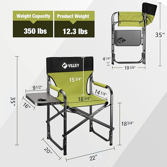 VILLEY Heavy Duty Directors Chair, Folding Camping Chairs, Portable Foldable Chair, for Camp Tailgating Lawn Picnic Fishing Beach, Supports 350 LBS, Green