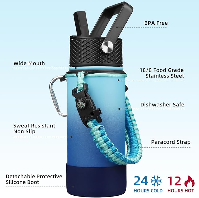 BJPKPK Water Bottle with Straw Lid, 18oz Insulated Water Bottles with 3 Lids, Paracord Handle & Non-slip Boot, Metal Stainless Steel Thermo, BPA Free Leak Proof Cups, Tumblers,Sky