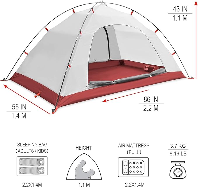 KAZOO 2／4 Person Camping Tent Outdoor Waterproof Family Large Tents 2/4 People Easy Setup Tent with Porch Double Layer