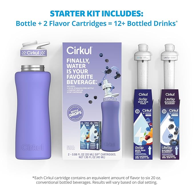Cirkul 32oz. Matte Periwinkle Stainless Steel Water Bottle Starter Kit with Periwinkle Lid, 2 Flavor Cartridges (1 LifeSip Blackberry Blueberry, 1 GoSip Berry Blue Punch) No Sugar, Zero Calorie Drink Mix