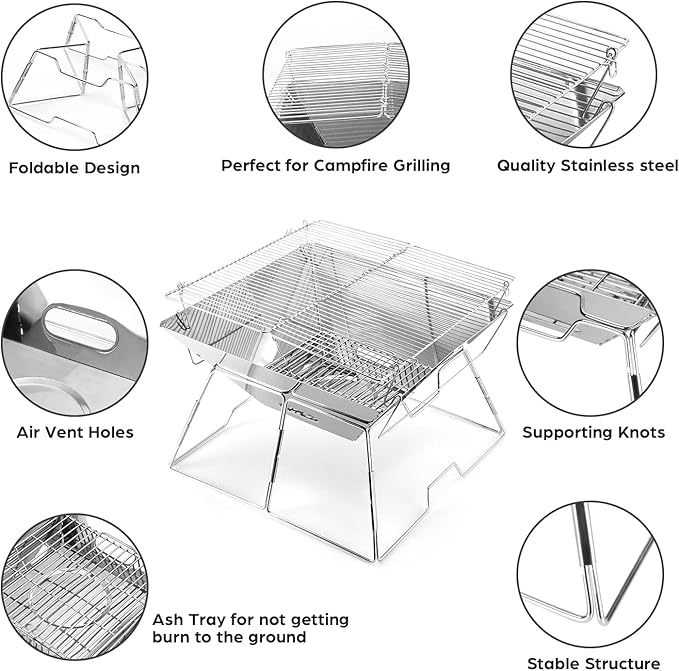Odoland Folding Campfire Grill, 304 Stainless Steel Grate Barbeque Grill, Portable Camping Grill with Legs for Picnics, Backpacking, Outdoor with Carrying Bag and Kitchen Tongs