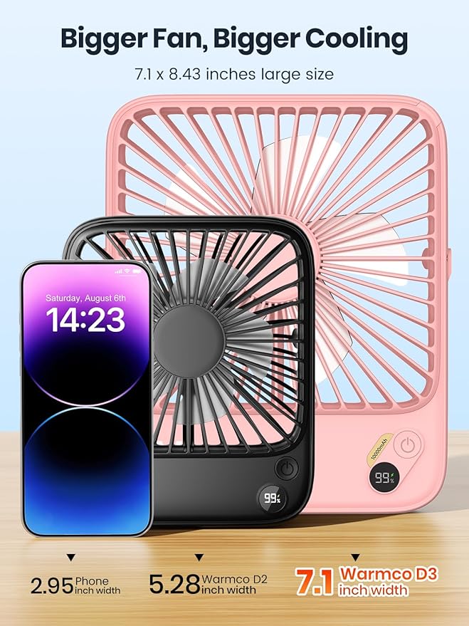 Warmco 10000mAh Portable Travel Fan 7-inch, [10-24H Runtime] Ultra-thin Digital Display Mini Desk Battery Operated Fan for Bedroom, Camping, Cruise Essentials 2025