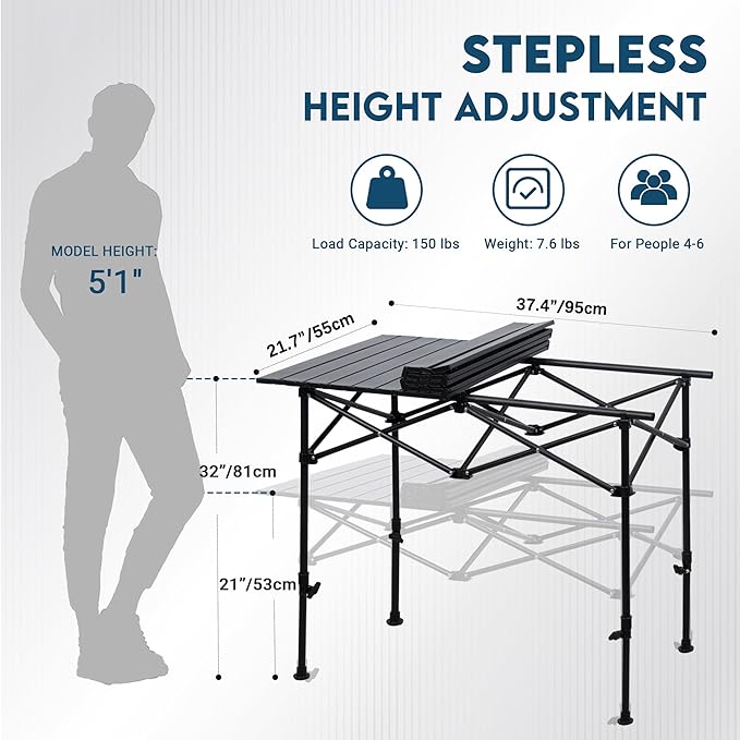 LOFTEY Folding Camping Table, Adjustable Height Aluminum Camp Table with Roll Up Top, Lightweight with Carry Bag, Portable for Camping, Backyard BBQ, Tailgating, 37.4" L x 21.7" W x 32" H, Black