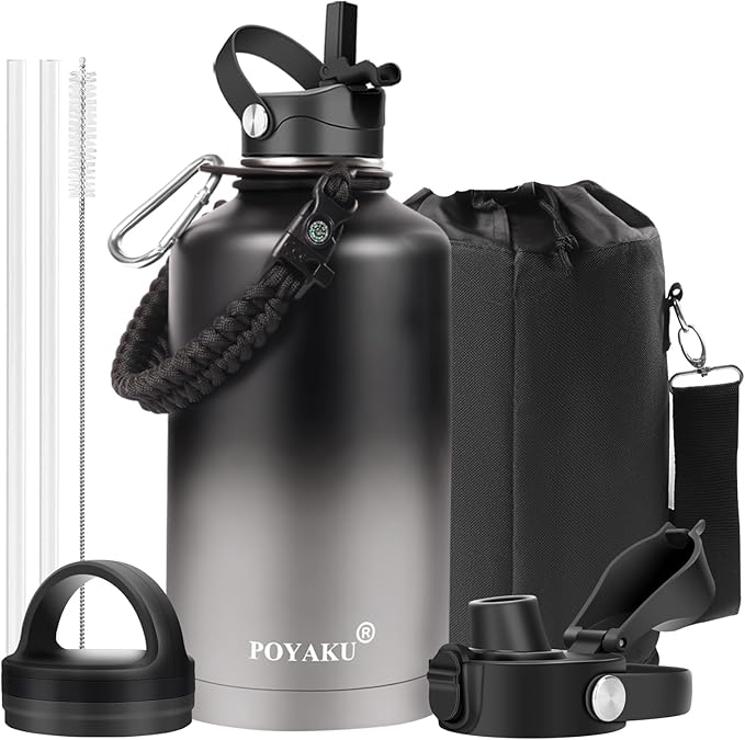 Water Bottle Insulated 32oz 40oz 64oz 128oz Straw Lid Spout Lid & 3 Lids, Leak Proof, Vacuum Insulated,Stainless Steel Water Bottle Wide Mouth for Sports, Gym or Office