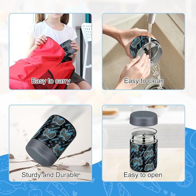 12oz Soup Thermo for Hot Food Kids Insulated Food Jar Wide Mouth Lunch Container Leak Proof Stainless Steel Vacuum for School Office Travel Outdoors Black-Gamepad