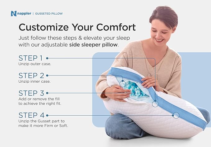 Side and Back Sleeper Pillow for Neck and Shoulder Pain Relief-Shredded Memory Foam Bed Pillow for Sleeping - 100% Adjustable Fill - Queen Size - Set of 2 - Washable Case. Extra Fill Included