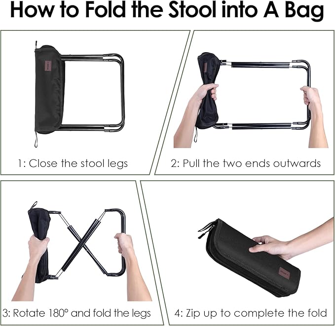 MOONCY Portable Stool, 13 Inch Small Folding Stool for Adults, Ultralight Black Camping Stools for Hiking and Fishing, Hold Up to 265 LBS