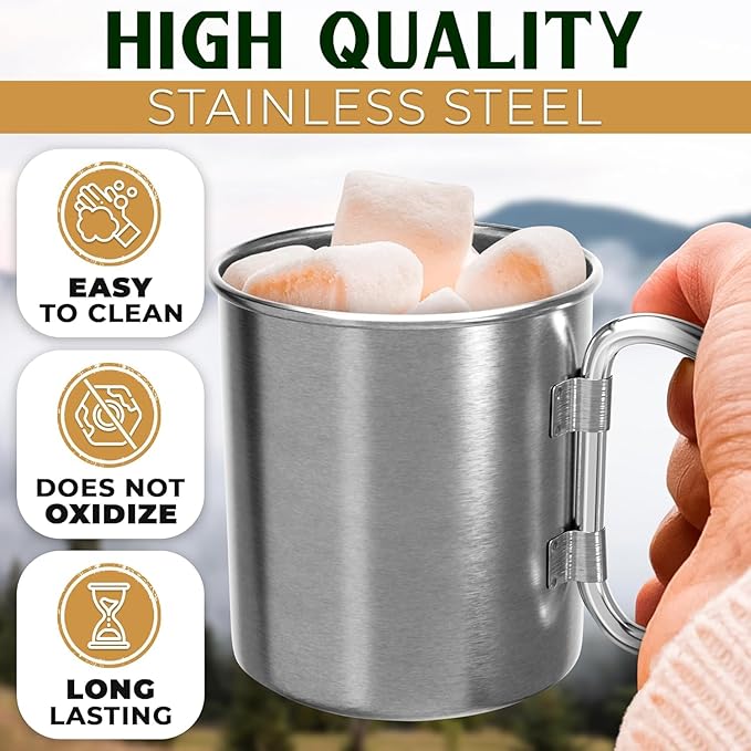 13.5 Oz Stainless Steel Camping Mug with Carabiner - Metal Camping Cup for Traveling, Lightweight and Heat-Resistant, Durable and Easy to Clean Hiking Cup, Comfortable to Hold and Drink