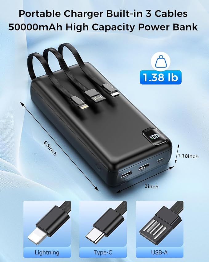 Portable Charger Power Bank 50000mAh Portable Phone Charger, PD 22.5W Fast Charging Powerbank Built in Cable, 5 Output 3 Input USB C LED Display for iPhone 16 15 14 13 Samsung Android iPad