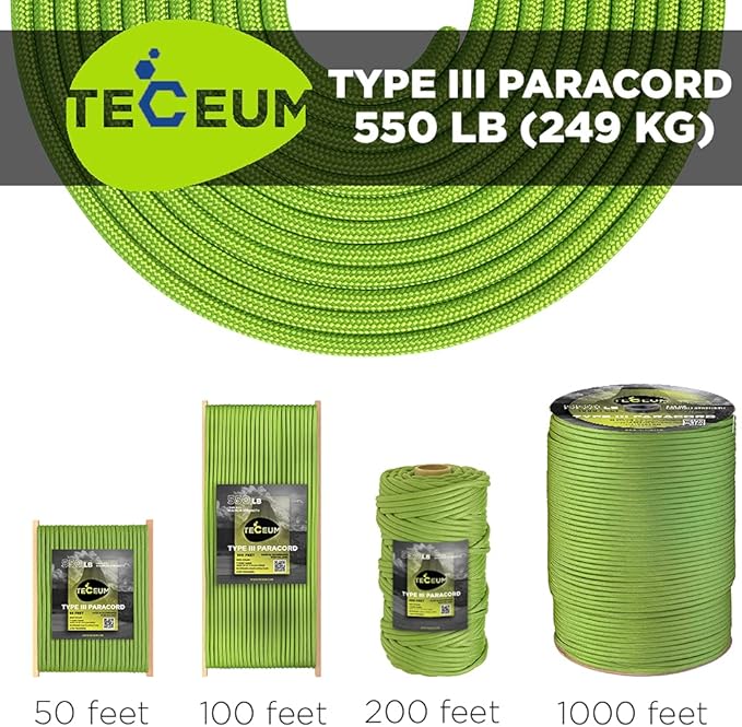 TECEUM 5/32" Paracord Rope 1000 – 1000ft / 200ft / 100ft / 50ft – Tactical Parachute Cord 4mm – 45+ Colors – Nylon String for Survival & Camping Gear – Stripe Cord for Survival – Utility Rope