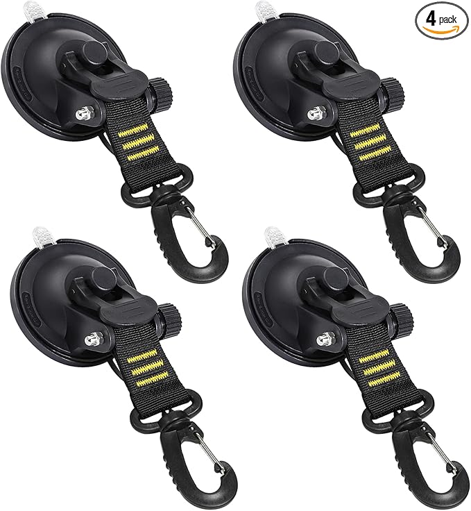 CONBOLA Suction Cups Hooks 4 Pieces Outdoor Car Camping Essentials Heavy Duty Upgraded Tie Down Suction Cup,Camper Accessories Strong Power for RV Boat Window Glass Camping Trap.(4 pcs,Yellow)