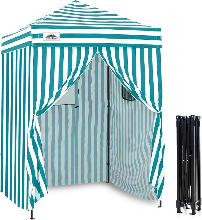 EAGLE PEAK Flex Ultra Compact 5x5 Pop-up Canopy, Sun Shelter, Changing Room, Portable Privacy Tent for Pool, Fashion Photoshoots, or Camping, White/Light Blue