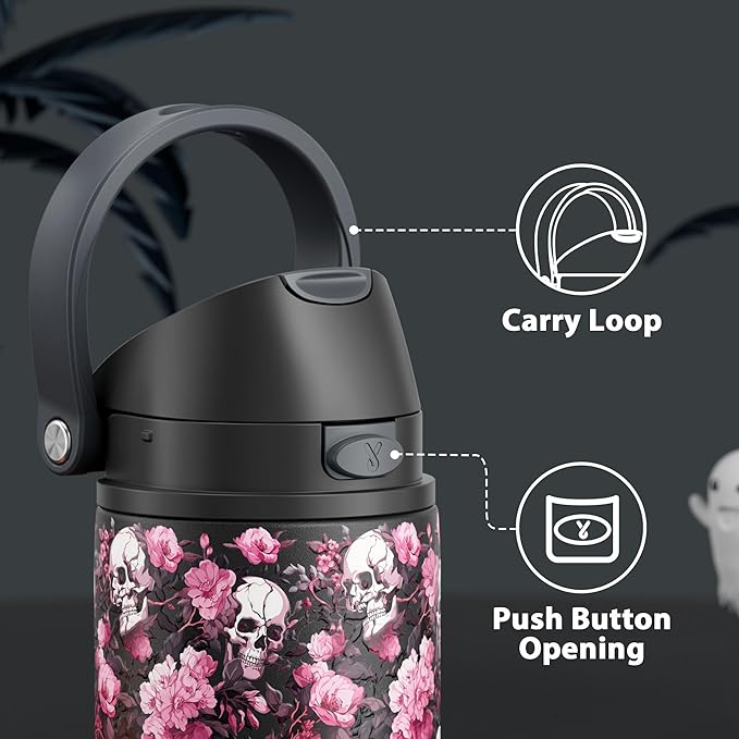 24 oz Insulated Water Bottle for Halloween: Meoky Stainless Steel Water Bottle with Straw and Spout Lid - Leak Proof, Cold for 24 Hours, Fits in Car Cup Holder, Halloween Gifts for Adults, Haunt Bloom