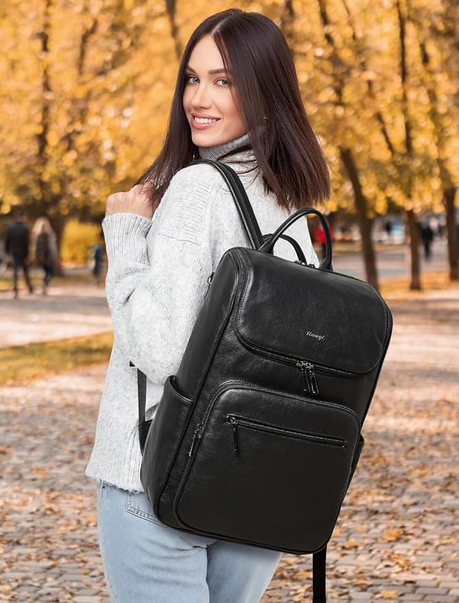 Leather Backpack for Women, Fits 17 Inch Laptop in Main Compartment, Dedicated 15.6 Inch Padded Sleeve, Large Vegan Leather Travel Computer Bag with Luggage Strap for Business and Work, Black