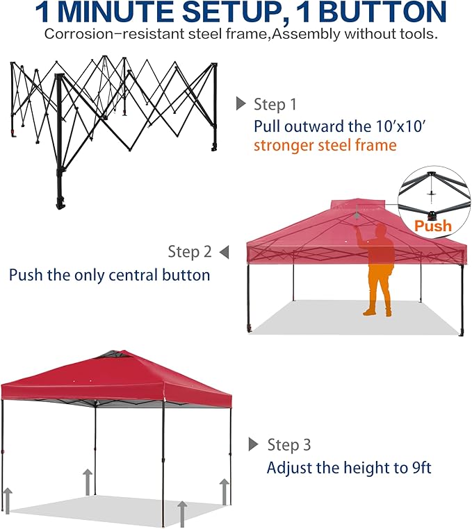 10'x10' Pop Up Canopy Tent with 1 Sidewall and 6 Pockets, One Push Setup, Instant Shade Tent with Vented Roof for Beach Patio Outdoor, Case, 8 Stakes, 4 Ropes, 4 Sandbags (Red, 10x10)