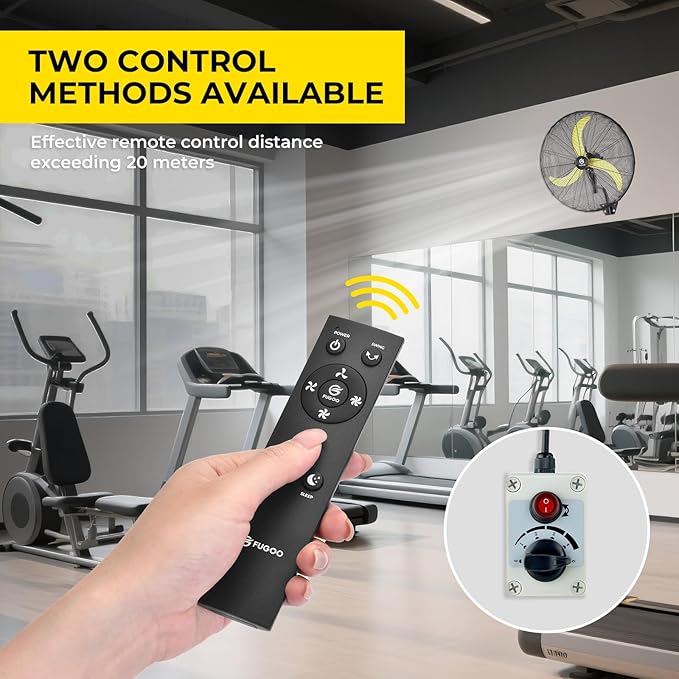 FUGOO 30'' Oscillating Wall Mounted Fan With Remote Control,BLDC Motor, Large air flow range From 3200CFM to 8800CFM, 4-Speed Heavy Duty Industrial Wall Fan for Factory, Commercial, Garage, Warehouse