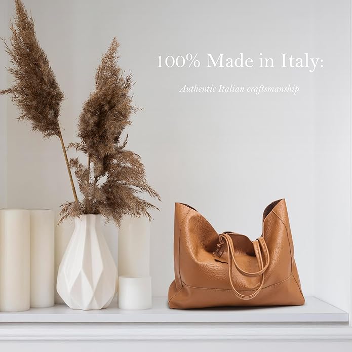 Italian Leather Tote Bag for Women - Large Shoulder Shopper, Fits 16” Laptop, Keychain Holder, Made in Italy