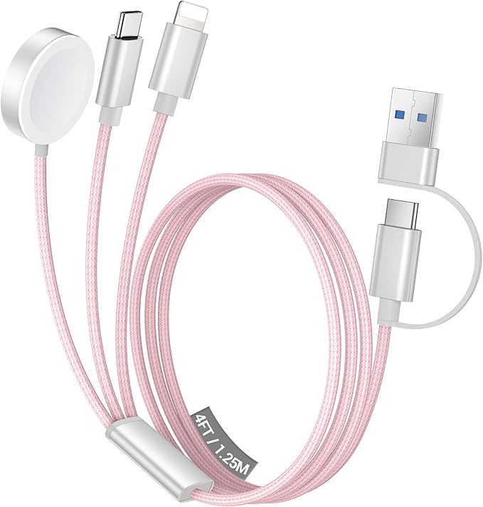 Temdan for Travel Vacation Essentials,3 in 2 USB C Cable for Apple Watch Charger/iPhone 17 Charger/Lightning,Multi Charging Cable Cord,Camping Essentials,Designed for iWatch & iPhone 16-12-4FT Pink