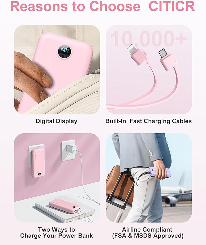 Portable Charger Power Bank, 12000mAh 22.5W USB C Power Bank Fast Charging with Built-in Cables and Wall Plug, Travel Essential Battery Pack with LED Display Compatible with iPhone, iPad, Samsung Pink