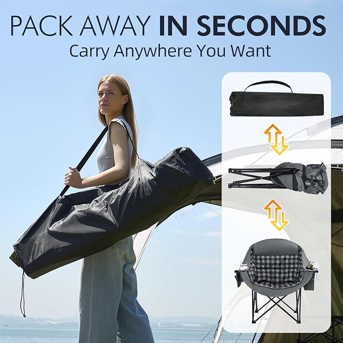 Oversized Camping Chairs for Adults - Heavy Duty Padded Outdoor Folding Lawn XL Camp Chair with Cup Holder Cooler Pockets for Outside Sports Beach Fishing Garden Portable Supports 500lbs, Grey