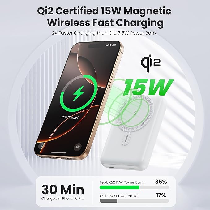 Magnetic Portable Charger for iPhone, 3-in-1 10800mAh Qi2 15W Wireless Power Bank with iWatch Charger,30W PD Fast Charging USB-C LCD Display Battery Pack for Magsafe,iPhone 16/15/14/13/12, Apple Watch
