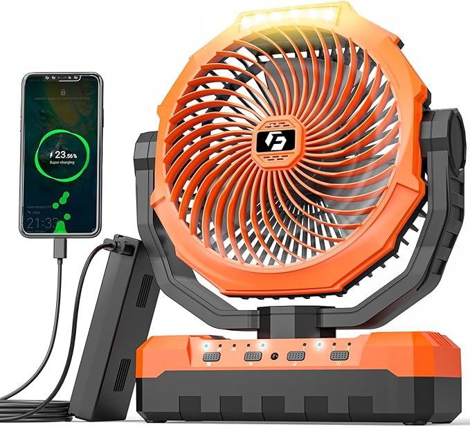 3-in-1 Camping Fan - Detachable Rechargeable Battery Operated Fan with Light & Hook for Tent, Outdoor - USB Table Fan with 4 Speeds for Picnic, BBQ, Fishing, Travel, Hurricane
