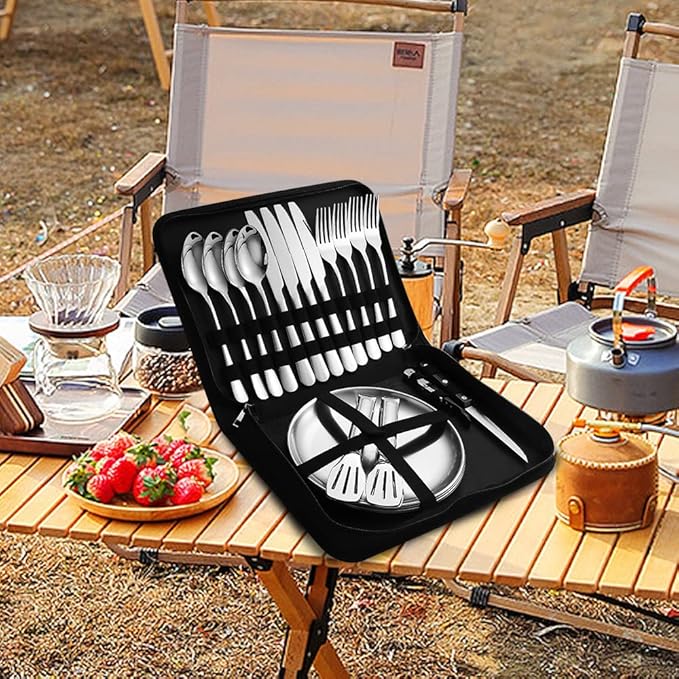 Camping Silverware Silver Picnic Plates and Utensils Set for 4 Portable Tableware Stainless Steel Flatware 20 Pieces With Organizer Bag Reusable Durable