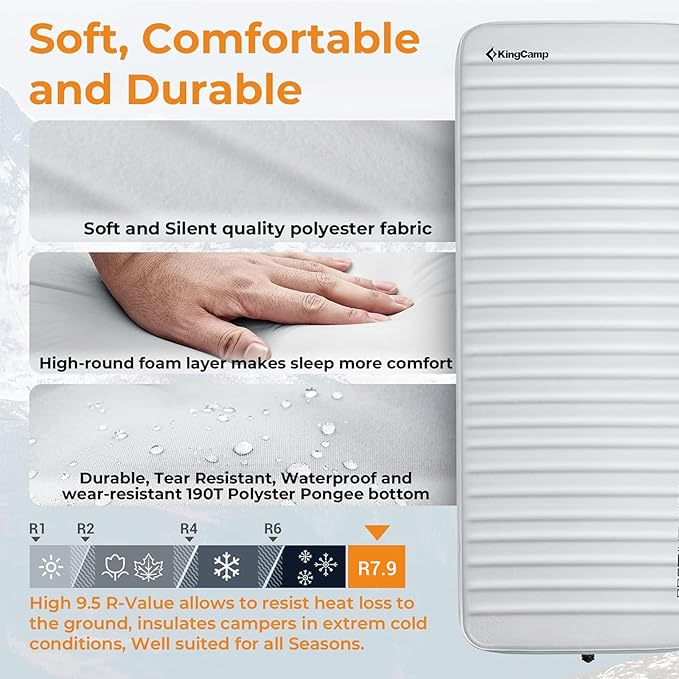 KingCamp Self Inflating Sleeping Pad, R 7.9 Air & Foam Sleeping Pad for Camping All Seasons, 3" Thick Single Camping Mattress for Camp Tent Outdoor Car, PVC Free (Lightgrey/Charcoal)