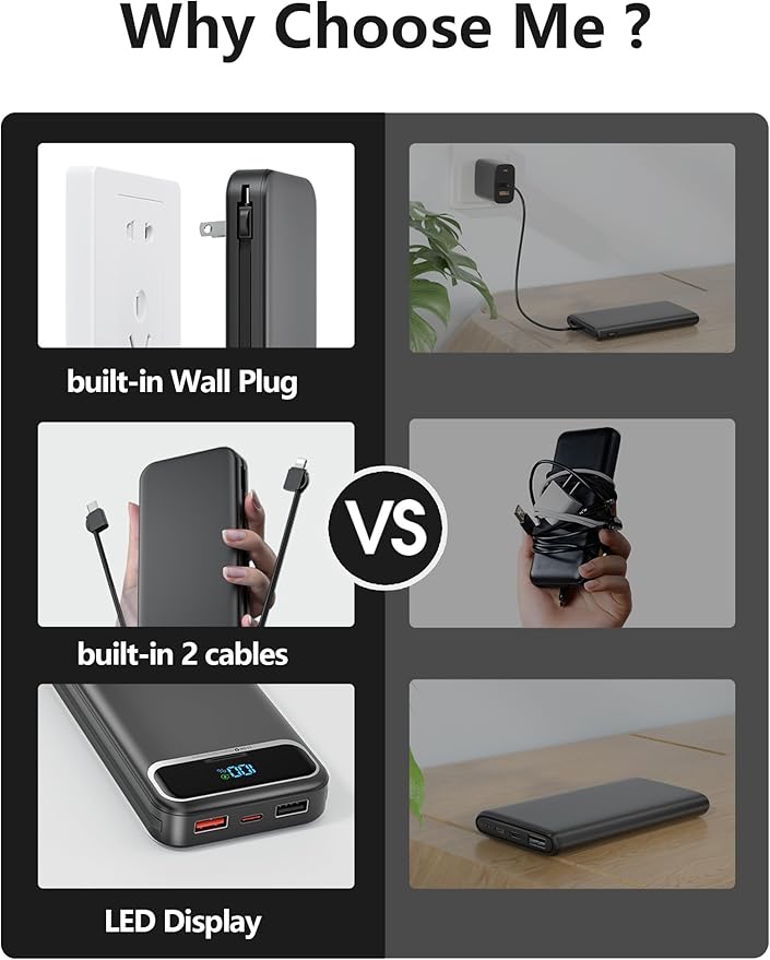 12000mAh Lightweight-Portable-Charger-Power-Bank with Built-in Cables and AC Wall Plug, PD20W USB-C Fast Charging Battery Pack, LED Display External Travel Phone Charger for All iPhone,Samsung,Android
