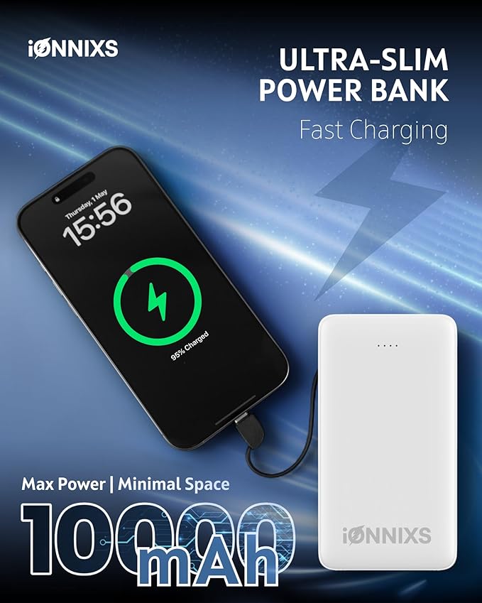 Portable Charger with Built in Cable - 10000mAh Ultra-Slim Portable Charger Power Bank with USB-C Cable, Lightning Cable - Fast Charge 20W - LED Battery Indicator, Power Bank (Gray, 10.000mAh)