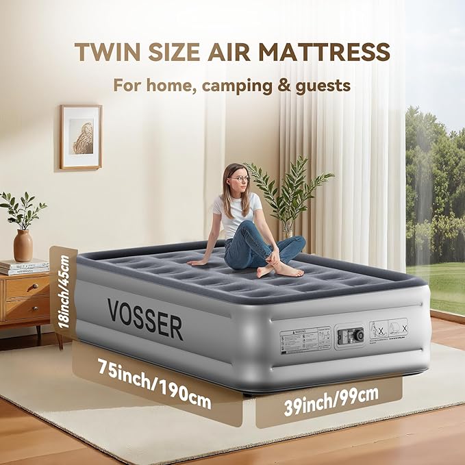 Twin Air Mattress with Built in Pump,18” Raised Blow Up Mattress,Inflatable Mattress in 2 Mins,Single Twin Size Air Mattress for Camping,Floor&Travel, Air Bed for Adults,330LB Max