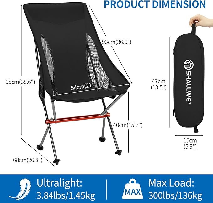 SHALLWE Camping Chairs, All Aluminum Frame Portable Folding Camp Chair for Adults, Heavy Duty High Back Collapsible with Built-in Pillow, Side Pocket, Carry Bag for Backpacking, Hiking, Beach