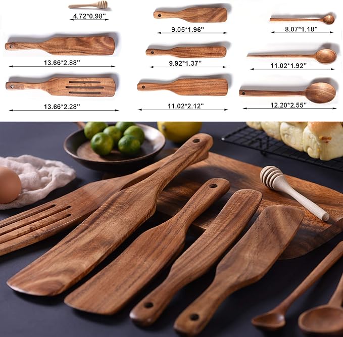 Spurtle Set,Wooden Spurtle Set of 9,Wooden Spoons for Cooking, Natural Teak Wooden Utensils for Cooking, Stirring, Mixing, Serving,Spurtles Kitchen Tools As Seen On Tv