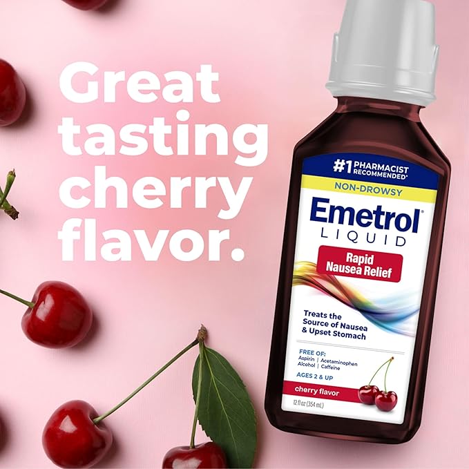 Emetrol Non-Drowsy Nausea Relief - Liquid Medicine for Upset Stomach Relief - Pharmacist Recommended Nausea Medicine - Cherry Flavor - 12 fl oz