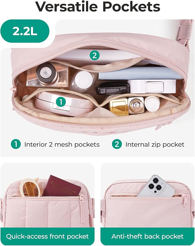 BAGSMART Fanny Packs for Women Cross Body, Quilted Puffy Belt Bag with Pockets, Fashion Waist Packs for Traveling Hiking Camel