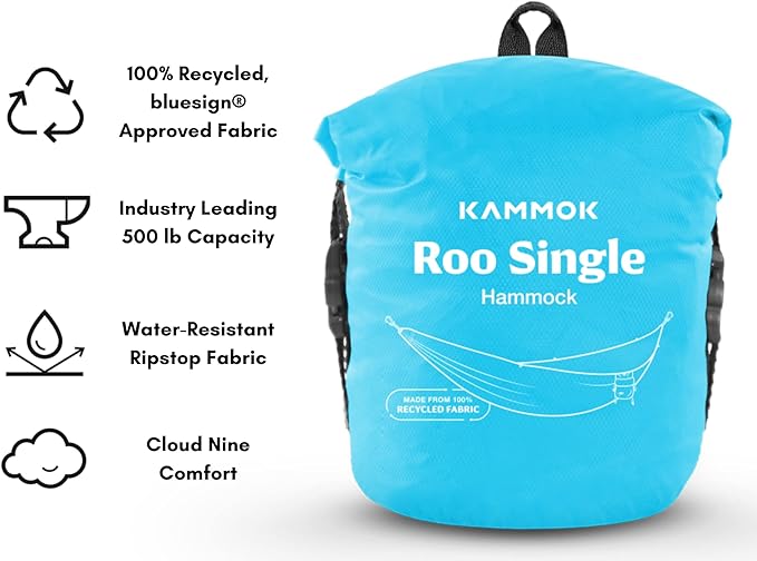KAMMOK: Roo Single Hammock | Made from Strong & 100% Recycled Water Resistant Ripstop Fabric | Comfortable, Packable, Lightweight (Lifetime Adventure Grade Warranty), Sky Blue