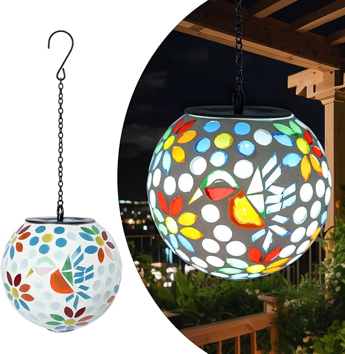 Solar Lanterns Outdoor Hanging Solar Mosaic Hummingbird Lantern Outdoor Waterproof Lanterns Decorative Garden Patio Yard Party Decor Multi