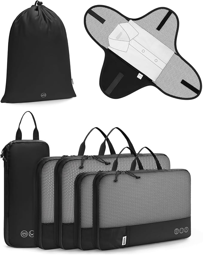WANDF 7 Set Compression Packing Cubes for Travel, Shirt Folder for Wrinkle-Free, Suitcase Organizer Bags Set for Carry-On Checked Luggage Duffle Bag Women Men(Black)