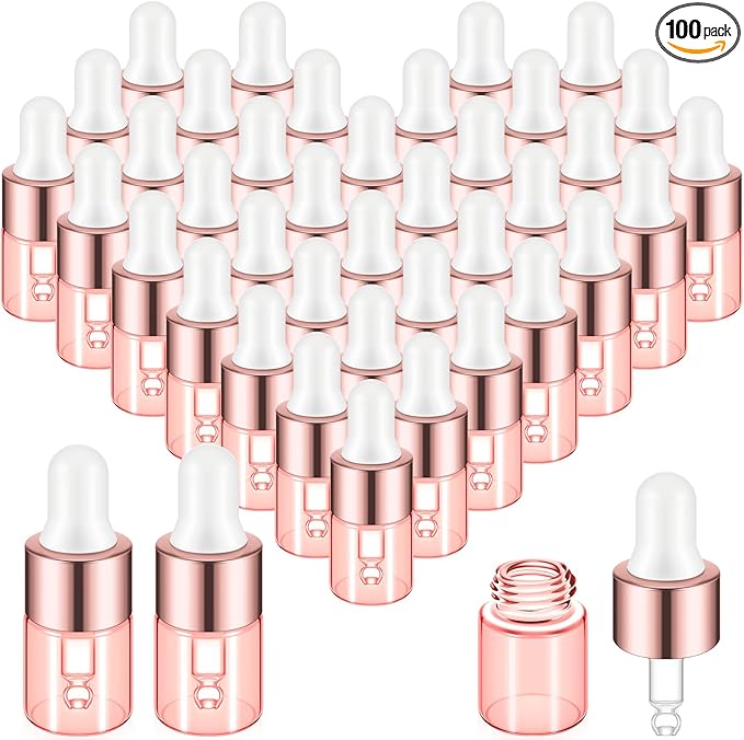 100 Pcs Mini Glass Oil Dropper Bottle Bulk, Clear Essential Small Empty Bottles Sample Containers Perfume Liquid Vials with Cap for Traveling (2 ml,Pink Body)