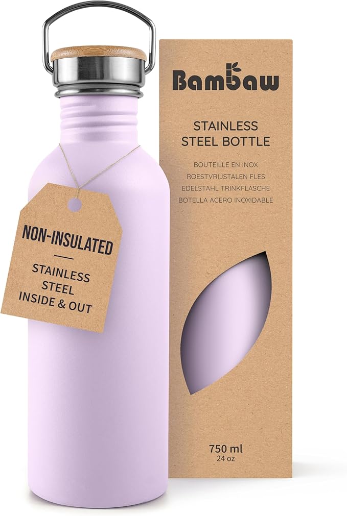 Bambaw Stainless Steel Water Bottle, 750 ml, Purple Sports Bottle, Non-Insulated Water Bottle, Stainless Steel Bottle, BPA-Free Flask – Light Lilac