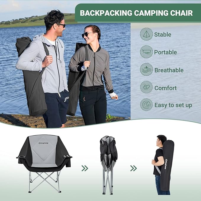 KingCamp Oversized Camping Chair, Padded Folding Couch for Adults, Heavy Duty 300lbs Large Comfortable Sofa Seat with Ice Bag Cup Holder for Outdoor Sports Backyard Patio Lawn, Black/Grey