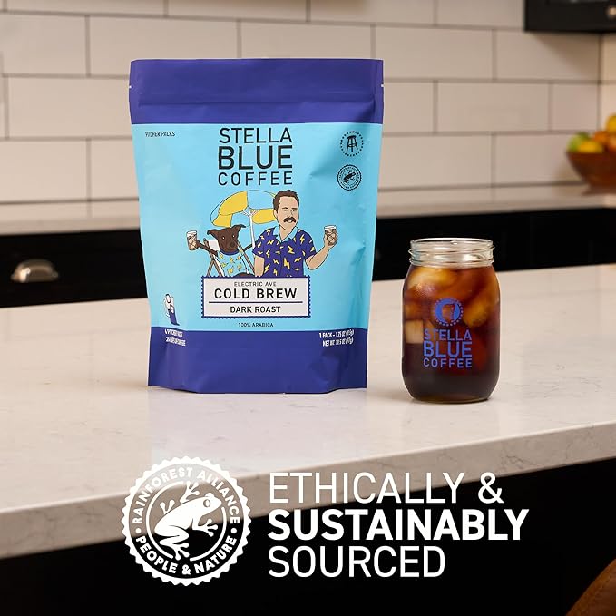 Stella Blue Cold Brew Coffee Packets, Electric Avenue Blend, Dark Roast Ground Coffee, Toffee, Dark Chocolate, and Subtle Smokey Notes, 100% Arabica, 6 Brew Packets, Makes 24 Bold Cups