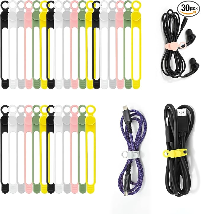 30Pcs Reusable Silicone Cable Ties 4.2in Wire Organizers for Cords, Charging Cables, USB Data Cables Electrical Cord Management 6Colors
