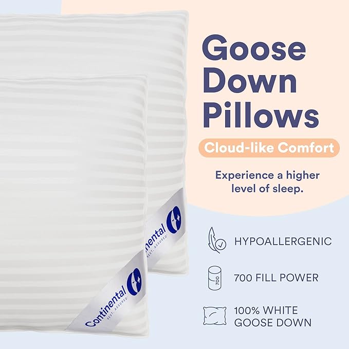 Continental Bedding Luxury Down Pillow Standard Size Pack of 1 - Cool Breathable Bed Pillows for Sleeping, Back, Side, Stomach Sleepers – 700 FP, Firm