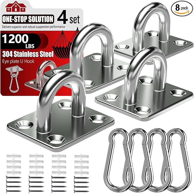 sprookber 304 Stainless Steel Pad Eye Snap Hooks, M8 Heavy Duty Ceiling Hooks, 1200 lb Capacity Hammock Swing Hanging kit, Plant Hangers, Marine Hardware Staple Hook Loop with Screws, Set of 8