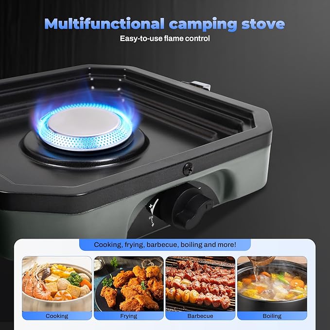 Adjustable 2-Burner Portable Stove with 16000 BTU, with Camping Grill and Carrying Bag, Portable Propane Camp Stove with 2 Burners & Piezo Ignition for Camping, Backyard BBQ,Tailgating (Green)