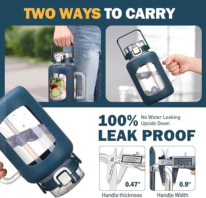 BLUEGO Water Bottle 64 oz Tumbler with Lid and Straw, Glass Water Bottle with Straw, Water Tumbler with Handle Half Gallon Water Jug Large Waterbottle for Daily Water Intake, BPA Free, Dark Blue