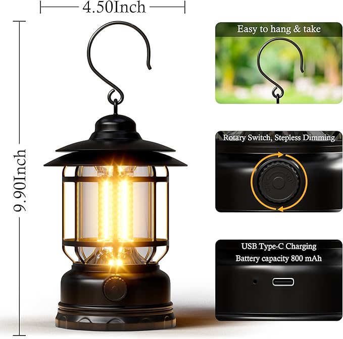 Retor LED Camping Lanterns 1500 LM Step-Less Dimming, Lightweight Battery Powered USB Rechargeable Flashlight Survival Kits Home Garden Camping Emergency Outages Hiking Light (Black 1 Pack)