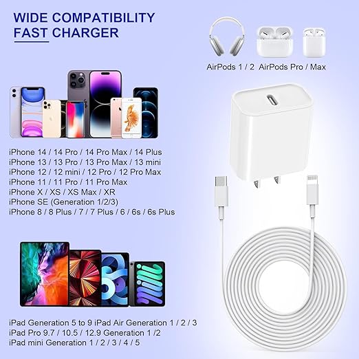 iPhone Charger Cord 6FT,3Pack【Apple MFi Certified】 USB C iPhone Fast Charger Phone Charging Travel Plug Charger Block Quick Apple Cord Lightning Cable for iPhone 14/13/12/11 Pro Max/XR/X/XS/SE2022